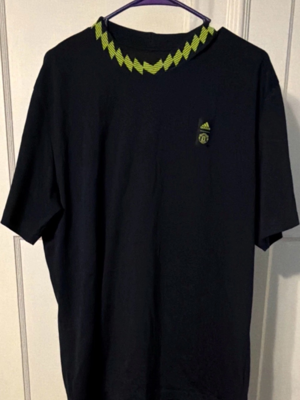 adidas Black Short Sleeve Tee with Neon Green Collar Detail